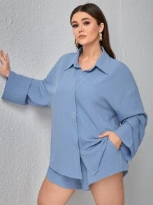 SHEIN Unity Plus Textured Drop Shoulder Blouse & Shorts - Dusty Blue - View 4