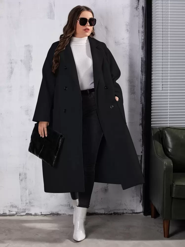 Modelyn Abrigo de lana holgado, de doble botonadura, con bolsillos y de largo medio, informal y liso, para mujer, de talla grande, para invierno - Negro - Añade 1