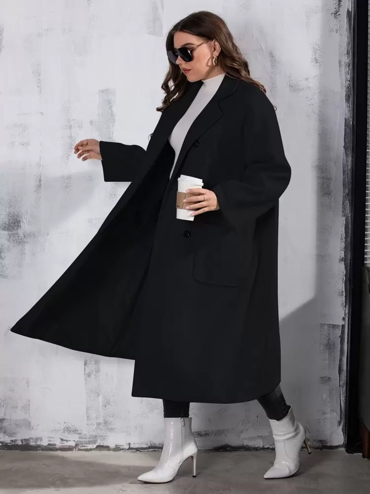 Modelyn Abrigo de lana holgado, de doble botonadura, con bolsillos y de largo medio, informal y liso, para mujer, de talla grande, para invierno - Negro - Añade 3