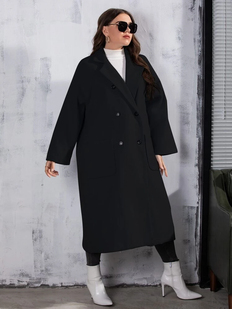 Modelyn Abrigo de lana holgado, de doble botonadura, con bolsillos y de largo medio, informal y liso, para mujer, de talla grande, para invierno - Negro - Añade 4