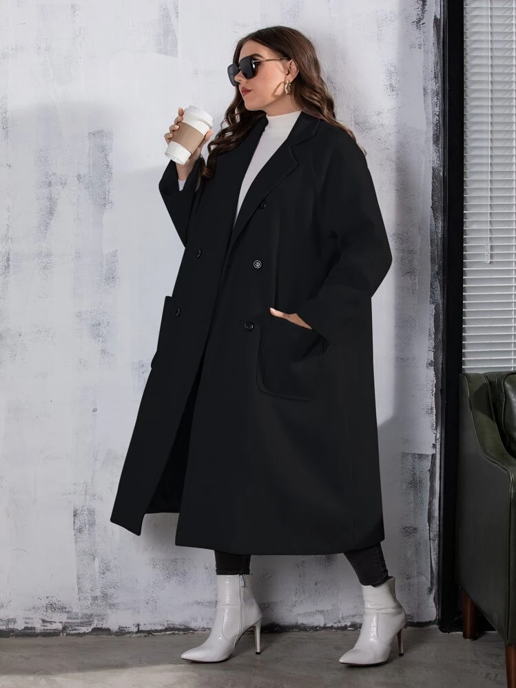 Modelyn Abrigo de lana holgado, de doble botonadura, con bolsillos y de largo medio, informal y liso, para mujer, de talla grande, para invierno - Negro - Añade 5