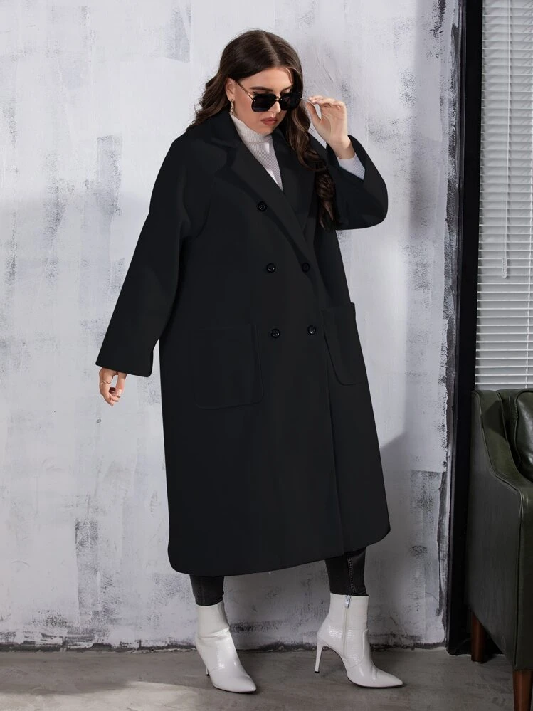 Modelyn Abrigo de lana holgado, de doble botonadura, con bolsillos y de largo medio, informal y liso, para mujer, de talla grande, para invierno - Negro - Añade 6