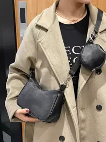 防水、輕盈、商務休閒荔枝紋壓花斜背包帶零錢包適合青少年女大學生、菜鳥和白領完美適合辦公室、大學、工作、商務、通勤 - 黑色 - 查看 2