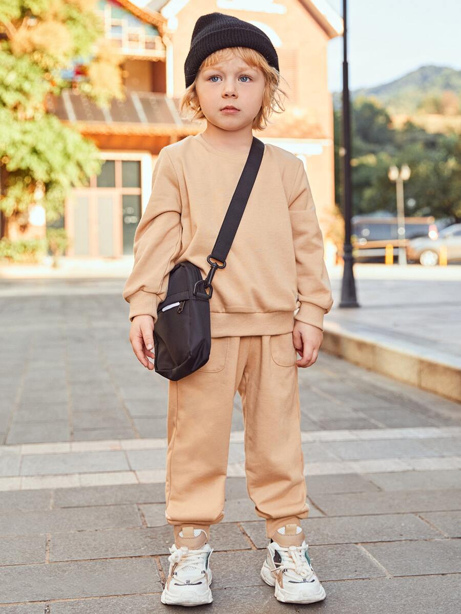 SHEIN Toddler Boys Crew Neck Pullover & Joggers Set - Khaki - View 1