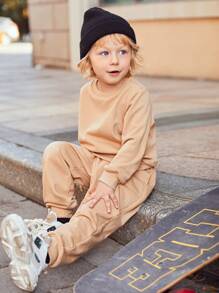 SHEIN Toddler Boys Crew Neck Pullover & Joggers Set - Khaki - View 6