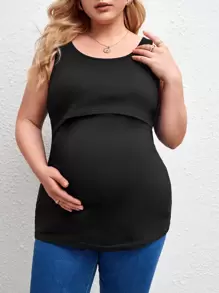SHEIN Maternity Plus Solid Nursing Tank Top - Black - View 1