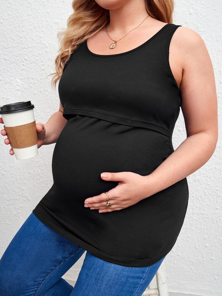 SHEIN Maternity Plus Solid Nursing Tank Top - Black - View 4
