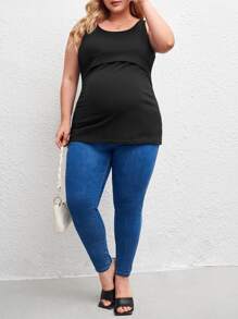 SHEIN Maternity Plus Solid Nursing Tank Top - Black - View 5