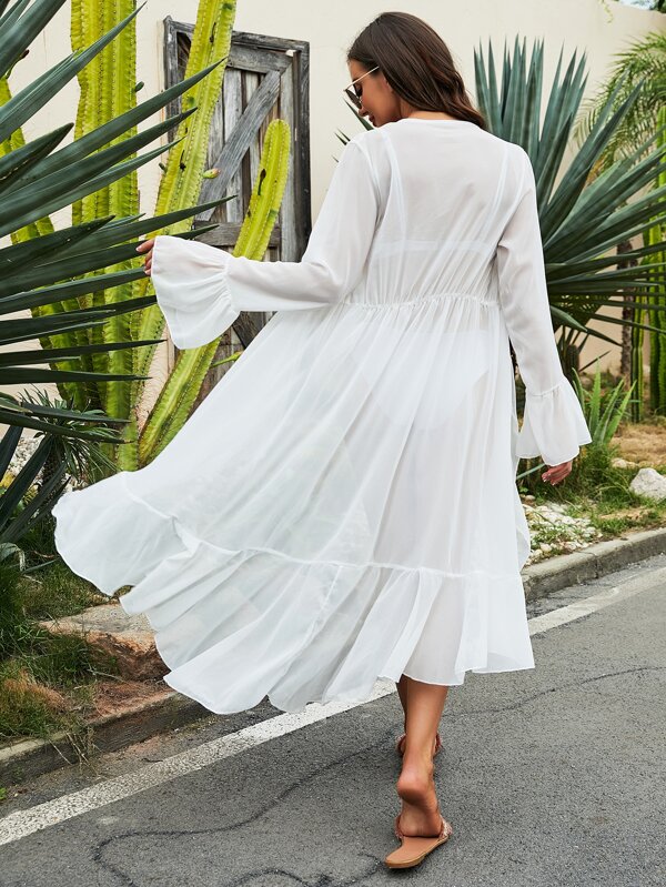Swim Vcay Summer Beach Ruffle Hem Tie Front Kimono Flowy Dress