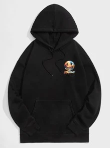 ROMWE MEN Áo nỉ Nam Dây kéo Túi Hoạt hình Lá thư Giải trí - màu đen - Xem 1