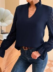 SHEIN Frenchy Áo sơ mi nữ Tương phản ren Xù Cổ ruffle màu trơn Thanh lịch - Màu xanh hải quân - Xem 5