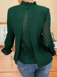 SHEIN Frenchy 拼接水溶蕾絲荷葉袖褶邊後背開衩襯衫 - 墨綠色 - 查看 4