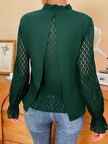 SHEIN Frenchy 拼接水溶蕾絲荷葉袖褶邊後背開衩襯衫 - 墨綠色 - 查看 6