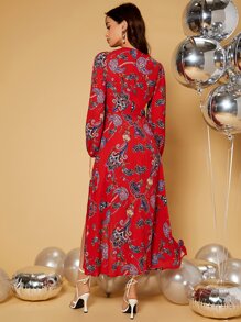 SHEIN 佩斯利印花燈籠袖高衩連衣裙 - 彩色 - 查看 3