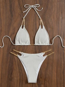 SHEIN Swim Summer Beach Striped Chain Linked Halter Bikini - Black and White - View 3