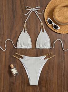 SHEIN Swim Summer Beach Striped Chain Linked Halter Bikini - Black and White - View 4