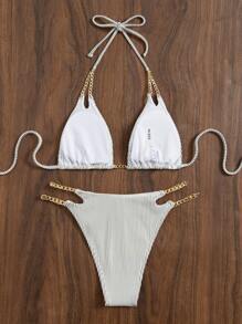 SHEIN Swim Summer Beach Striped Chain Linked Halter Bikini - Black and White - View 5