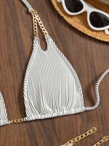 SHEIN Swim Summer Beach Striped Chain Linked Halter Bikini - Black and White - View 6
