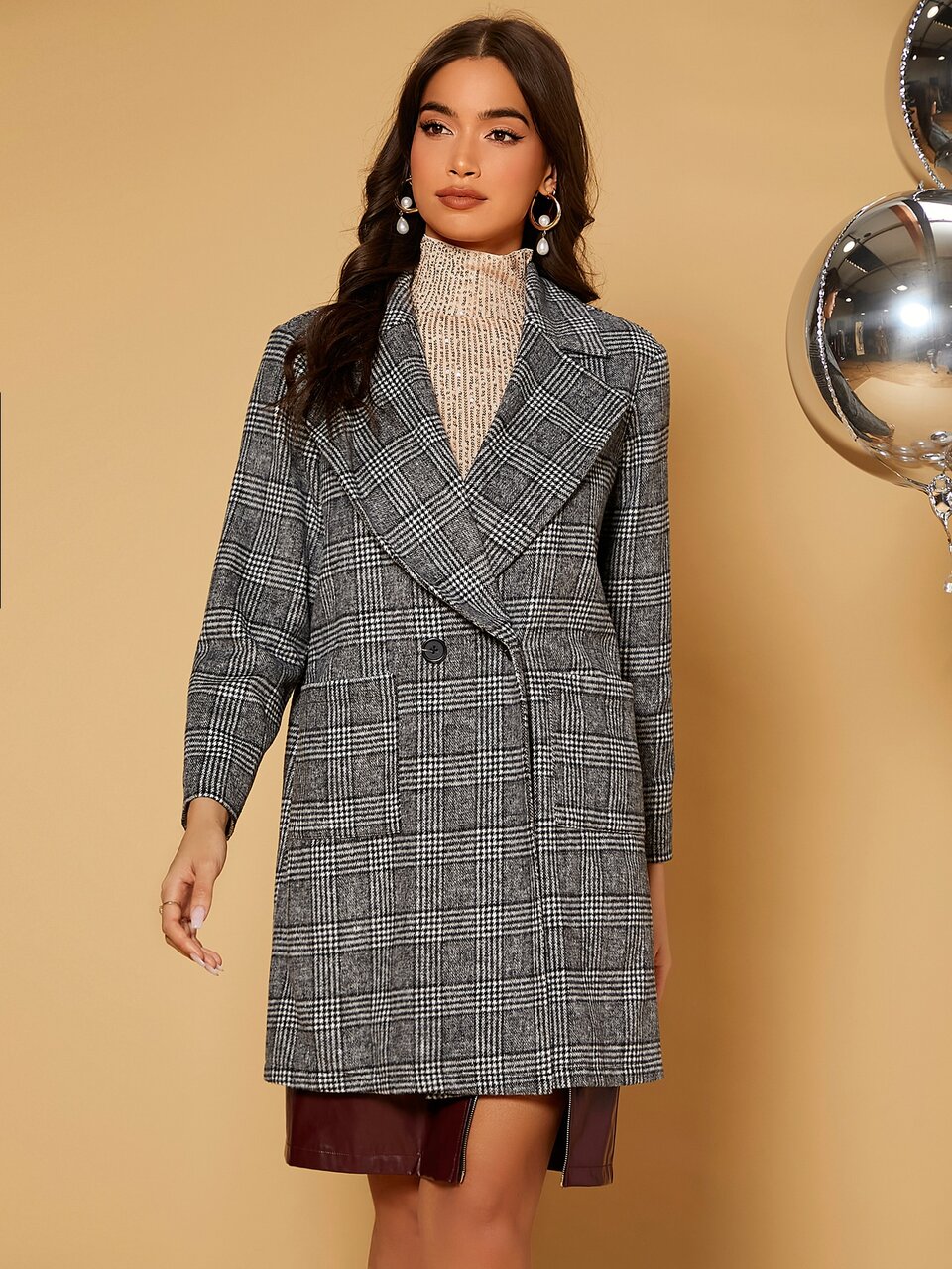 Plaid Lapel Collar Dual Pocket Overcoat