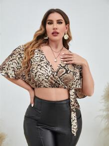 Top corto con estampado de piel de serpiente de manga con volante con cordón lateral - Multicolor - Ver 3