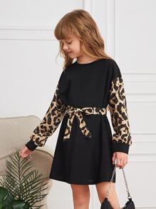 SHEIN Tween Girl Leopard Sleeve Belted Dress - Black - View 1