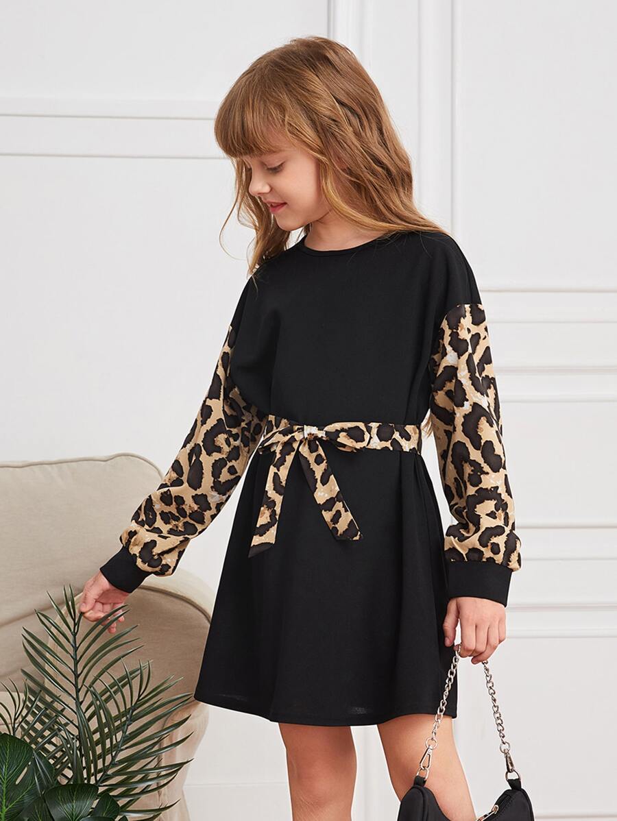 SHEIN Tween Girl Leopard Sleeve Belted Dress - Black - View 1