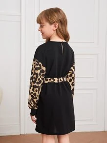 SHEIN Tween Girl Leopard Sleeve Belted Dress - Black - View 2