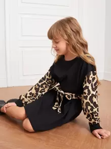 SHEIN Tween Girl Leopard Sleeve Belted Dress - Black - View 3