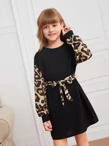 SHEIN Tween Girl Leopard Sleeve Belted Dress - Black - View 4
