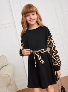 SHEIN Tween Girl Leopard Sleeve Belted Dress - Black - View 5