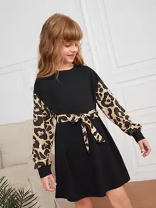 SHEIN Tween Girl Leopard Sleeve Belted Dress - Black - View 6