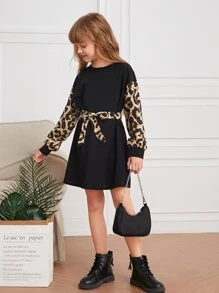 SHEIN Tween Girl Leopard Sleeve Belted Dress - Black - View 7