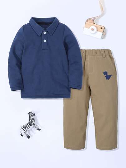SHEIN 男童 Polo 衫和恐龙印花裤