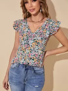 SHEIN VCAY 荷葉袖小碎花上衣 - 彩色 - 查看 1