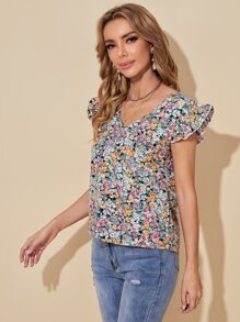 SHEIN VCAY 荷葉袖小碎花上衣 - 彩色 - 查看 5