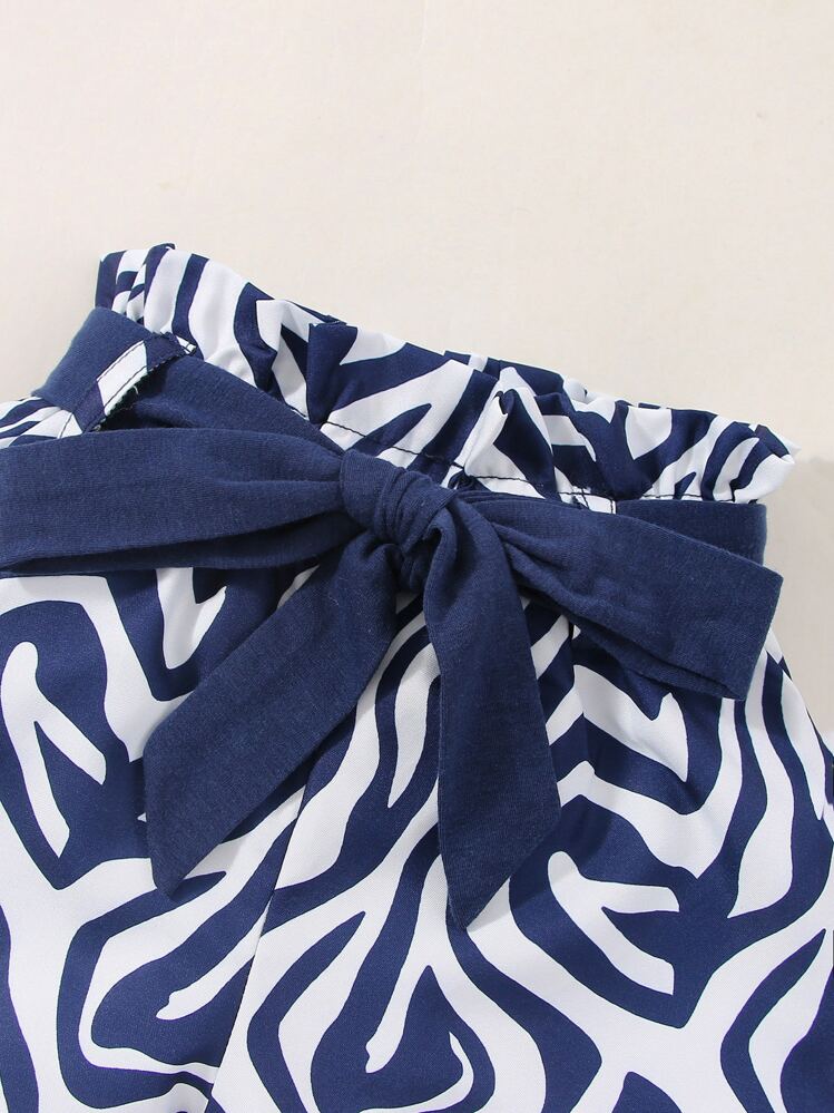 SHEIN Bộ thời trang bé gái Thắt lưng Quần paper-bag Hoạt hình Giải trí - Xanh và trắng - Xem 3