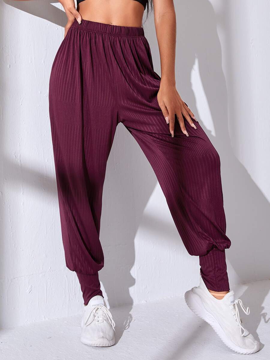 Ribbed Knit Elastic Waist Sports Trousers - Maroon - View 1