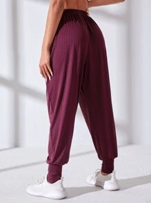 Ribbed Knit Elastic Waist Sports Trousers - Maroon - View 2