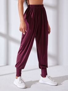 Ribbed Knit Elastic Waist Sports Trousers - Maroon - View 3