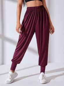 Ribbed Knit Elastic Waist Sports Trousers - Maroon - View 4