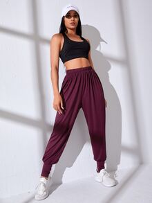 Ribbed Knit Elastic Waist Sports Trousers - Maroon - View 6
