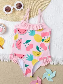 Bebé niña Bañador una pieza con estampado de fruta ribete con fruncido - Rosa - Ver 1
