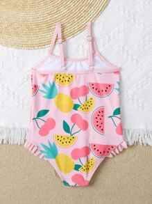 Bebé niña Bañador una pieza con estampado de fruta ribete con fruncido - Rosa - Ver 2