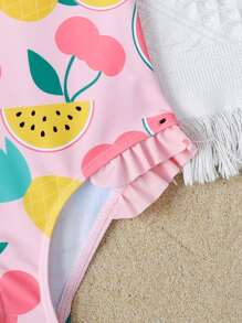 Bebé niña Bañador una pieza con estampado de fruta ribete con fruncido - Rosa - Ver 4