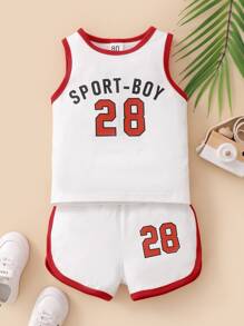 男嬰字母圖案撞色滾邊背心上衣和短褲 - 白色 - 查看 1