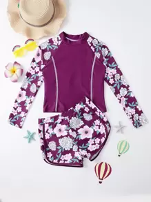 Tween Girl Floral Print High Neck Rashguard Summer Beach Kids Swimming ,Kids Beachwear