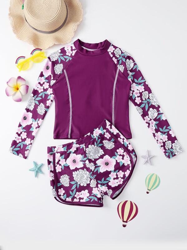 Tween Girl Floral Print High Neck Rashguard Summer Beach Kids Swimming ,Kids Beachwear