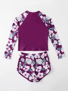 Tween Girl Floral Print High Neck Rashguard Summer Beach Kids Swimming ,Kids Beachwear
