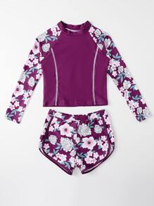 Tween Girl Floral Print High Neck Rashguard Summer Beach Kids Swimming ,Kids Beachwear