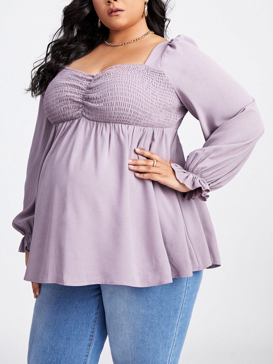 SHEIN Maternity Plus Ruched Bishop Sleeve Shirred Top - Lilac Purple - View 1